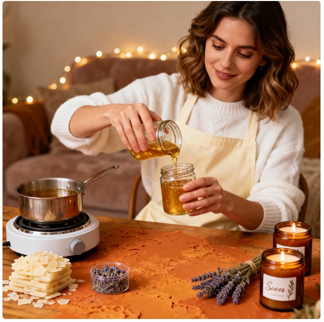 woman making homemade candle